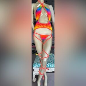 Exotic Dancewear 2Pc Rainbow Velour Criss Cross Set- UNIQUE!